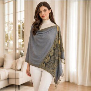 Gray Gold Black Pashmina Poncho Tassel Accents Scarf